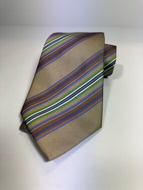 Hermes Classic Tan Stripe Men's 100% Silk Tie with Blue & Green Accents